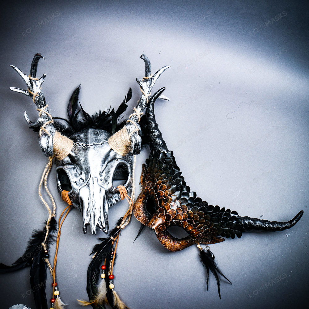 Animal Deer Horns Devil Masquerade Party Mask w/ Women Long Horns Brown Mask